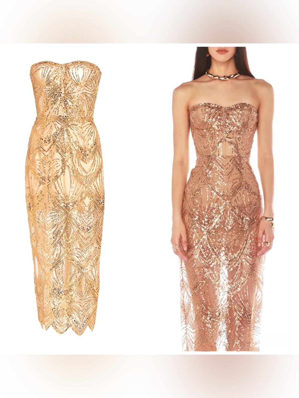 BRONX AND BANCO Giselle Strapless Sequin Midi Dress - Gold Party Cocktail Gown - Picture 5 of 16